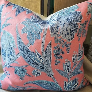 Lee Jofa kashmir Tree Coral and Blues UK Linen Custom Pillow Cover All Sizes Single Sided and Double Sided
