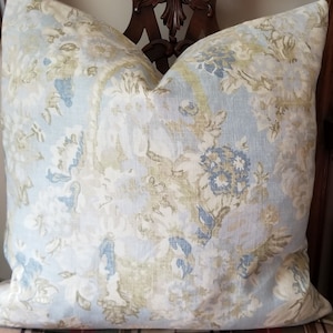 Ralph Lauren Gardiner&#39;s Bay Flora Seaglass Blue Floral Linen Custom Pillow Cover 22&quot;