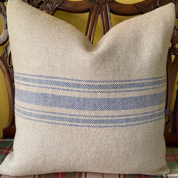 Ralph Lauren Standen Stripe Vintage Blue 100% Belgian Linen Stripe Ticking Pillow Cover Double Sided! Rustic Pillow Grain Sack