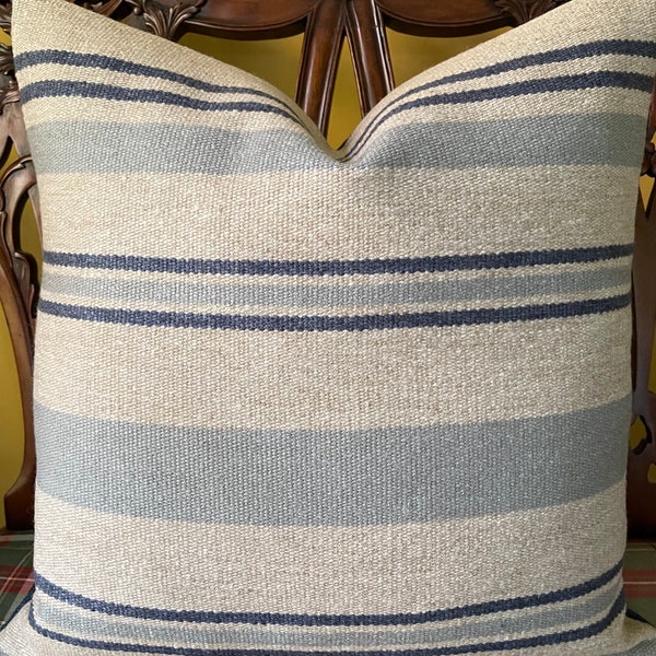 Fabulous Woven Blue Natural Blanket Style Striped Custom Pillow Cover Thick Woven Cotton Linen Wool Blend Ethnic Blanket Pillow Cover