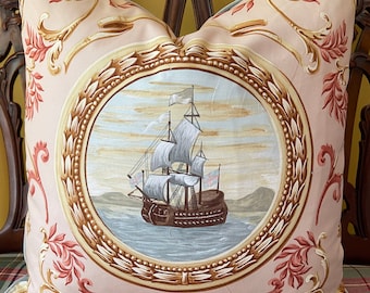 Lee Jofa I GALEONI Handprint Shell Italian Fine Cotton Toile Ship Print Toile Pillow Cover All Sizes Velvet Back