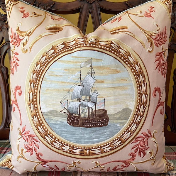 Lee Jofa I GALEONI Handprint Shell Italian Fine Cotton Toile Ship Print Toile Pillow Cover All Sizes Ralph Lauren Velvet Back