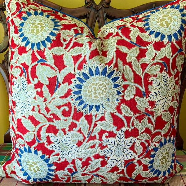 Ralph Lauren Côte d'Azur Floral Poppy 100% English Linen Custom Pillow Cover All Sizes RL Marne Washed Linen Denim Back