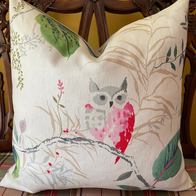 Kravet Design OWL Owlish Multi Linen Custom Designer Pillow Cover Owl Pillow All Sizes Velvet or Linen Back image 1