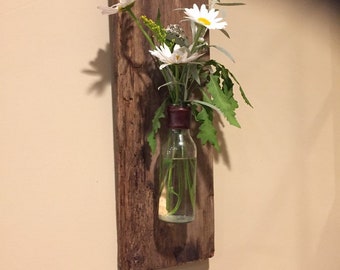 Hanging Wall Vase ~ Driftwood Vase w/ Recycled Glass & leather trim | Wood Wall Sconce |Rustic Home Decor|Farmhouse decor | Shabby Chic Vase