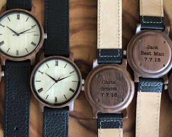 Personalized Walnut Wood Watch Set: Engraved Leather Band Groomsmen Gift