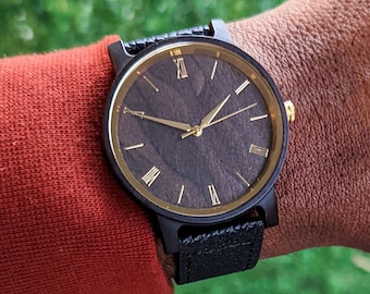 Men's Leather Wooden Watch, Personalized Handmade Wristwatch, Unique Engraved Timepiece, Natural Minimalist Wood Watch