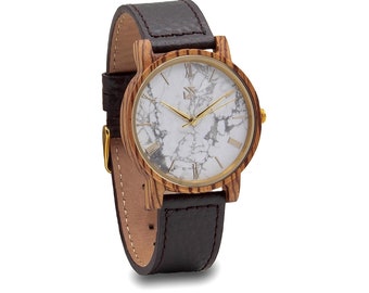 Mens Engraved Wooden Watch: Marble Face, Leather Band