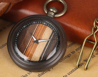 Engraved Zebra Wood Pocket Watch, Multicolored Stripe Face, Japanese Quartz Movement