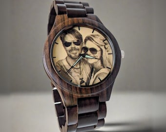 Photo Personalized Wood Watch, Husband Christmas Gift, Engraved Men's Wooden Timepiece, Picture Watch,