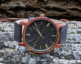Men's Wood Watches, Personalized Wooden Watch With Leather Band, Unique Engraved Wristwatch, Handcrafted Custom Timepiece