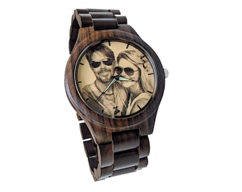 Uhr aus Holz mit Fotogravur, Vatertagsgeschenk für Ehemann, Herrenuhr aus Holz, Bilderuhr, Geburtstagsgeschenk für ihn, personalisierte Fotouhr