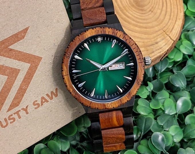 Personalized Wooden Watch: Engraved Men's Gift, Green Face