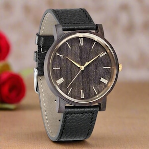 Personalized Wooden Watch for Men: Engraved Leather Band Timepiece