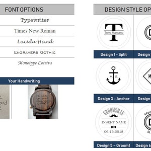 May include: A guide to different font and design options for a personalised wooden watch. The image shows six different design styles, including split, circle, anchor, mono, groom1, and groom2. The image also shows five different font options: Typewriter, Times New Roman, Lucida Hand, Engravers Gothic, and Monotype Corsiva.