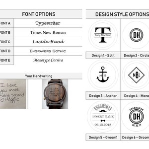 May include: Wooden watch with engraved text and design options. Font options include Typewriter, Times New Roman, Lucida Hand, Engravers Gothic, and Monotype Corsiva. Design styles include split, circle, anchor, mono, and groomsman.