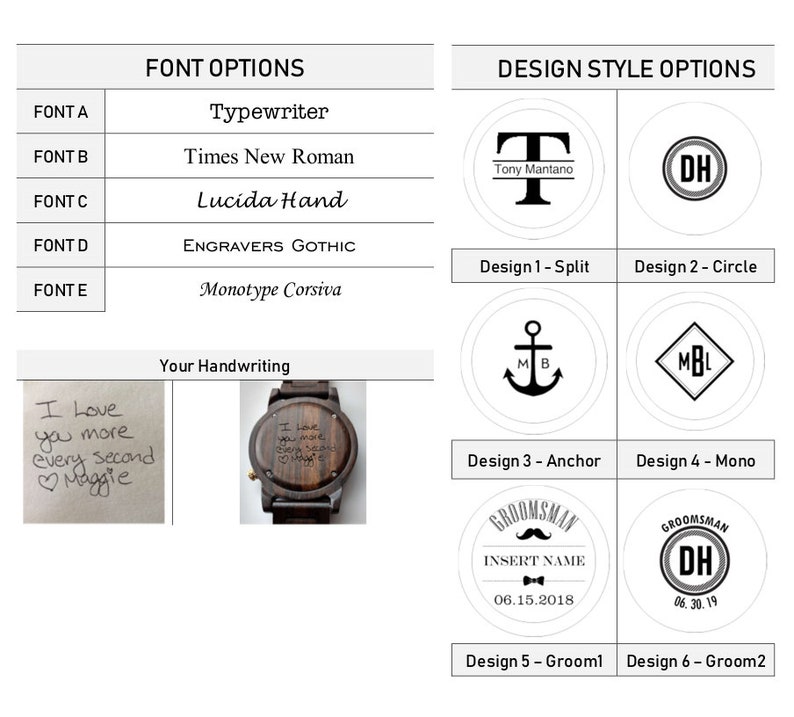 May include: Wooden watch with engraved text and design options. Font options include Typewriter, Times New Roman, Lucida Hand, Engravers Gothic, and Monotype Corsiva. Design styles include split, circle, anchor, mono, and groomsman.
