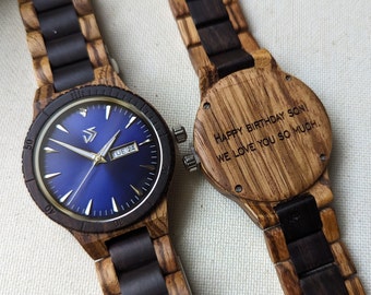 Men's Wooden Watch, Engraved Natural Wood Wristwatch, Personalized Handcrafted Timepiece with Date Window, Unique Blue Face Wristwatches