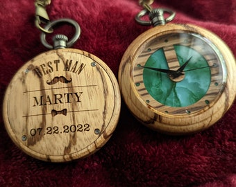 Men's Engraved Wood Pocket Watch, Groomsmen Wooden Watches Gift Set, Wedding Gift For Groom From Bride Watch, Wooden Wristwatch Green