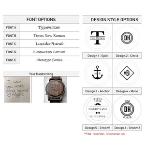 Peut inclure: Un graphique pr&eacute;sentant diff&eacute;rentes options de police et de styles de conception pour une montre en bois personnalis&eacute;e. Les options de police incluent Typewriter, Times New Roman, Lucida Hand, Engravers Gothic et Monotype Corsiva. Les styles de conception incluent Split, Circle, Anchor, Mono, Groom1 et Groom2. L'image montre &eacute;galement une montre d'&eacute;chantillon avec un message manuscrit.