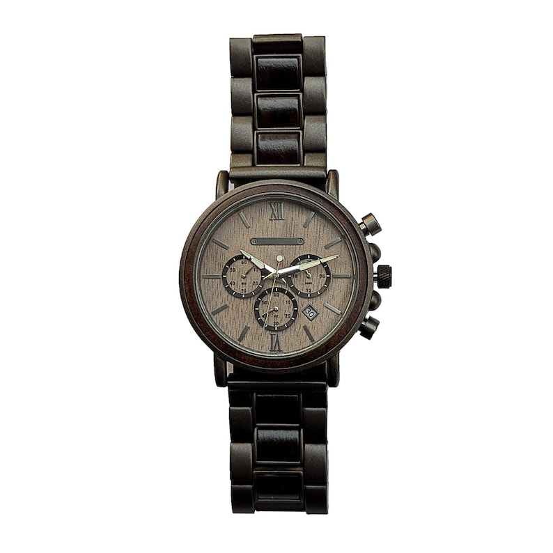 May include: A wooden wristwatch with a dark brown band and face. The watch face has three sub-dials and Roman numeral hour markers. The watch has a chronograph design and a dark brown bezel.