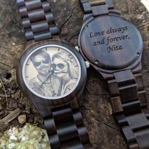 Photo Wooden Watch | Valentine&#39;s Day Gift From Wife | Engraved Mens Wood Watch | Picture Watch | Personalized Photo Watches | Birthday Gift