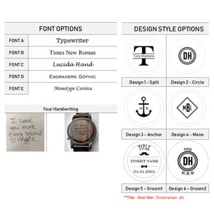 May include: Wooden watch with customizable design options. Font options include Typewriter, Times New Roman, Lucida Hand, Engravers Gothic, and Monotype Corsiva. Design styles include split, circle, anchor, mono, and groom options.