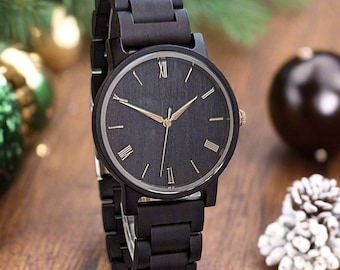 Personalized Wooden Watch for Men: Engraved Black Wood Wristwatch