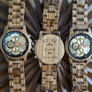 Groomsmen Wooden Chronograph Watch Gift Set, Men&#39;s Wooden Watch, Engraved Wood Watches for Best Man, Personalized Watch, Unique Timepiece