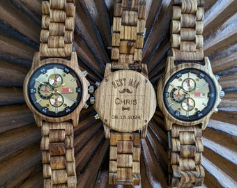 Groomsmen Wooden Chronograph Watch Gift Set, Men's Wooden Watch, Engraved Wood Watches for Best Man, Personalized Watch, Unique Timepiece