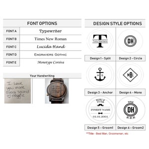 May include: Wooden watch with a dark brown face and strap. The image displays font and design style options for personalisation, including text and graphic choices. The watch face can be engraved with text or a design.
