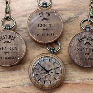 Groomsmen Wooden Pocket Watch Gift Set, Men&#39;s Wooden Watch, Engraved Wood Watches for Best Man, Personalized Watch, Custom Timepiece