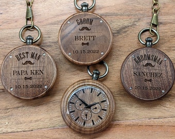 Groomsmen Wooden Pocket Watch Gift Set, Men's Wooden Watch, Engraved Wood Watches for Best Man, Personalized Watch, Custom Timepiece
