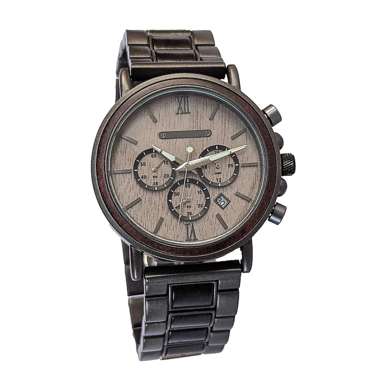 May include: A wooden-faced wristwatch with a dark brown metal band and case. The watch face features three sub-dials, Roman numerals, and a date display. The watch has a classic design with a modern twist, suitable for everyday wear.