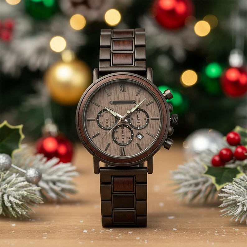 May include: A wooden wristwatch with a brown face and band. The watch features three sub-dials and Roman numeral hour markers. The watch is set against a festive background with Christmas ornaments.