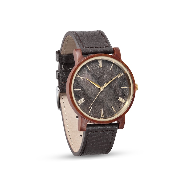 May include: A brown wooden wristwatch with a black face and gold Roman numeral hour markers. The watch has a brown leather strap.