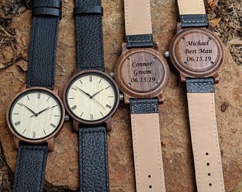 Personalized Groomsman Wooden Watch Gift Set, Mens Wood Watch, Wristwatch With Leather Band, Best Man Wristwatch, Unique Wedding Gift