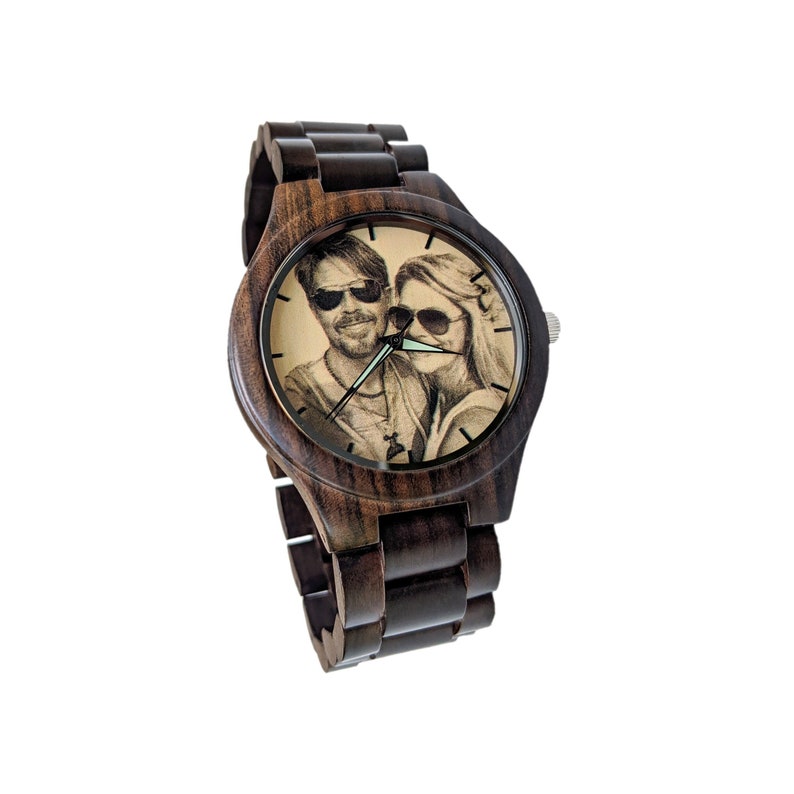 front view of wooden watch with picture in dial