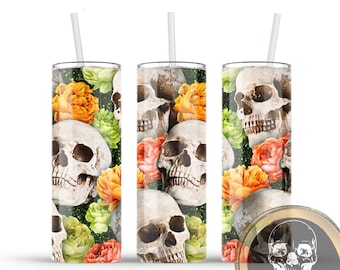 Floral Skull Tumbler with Lid and Straw, Skull Travel Mug, Personalized Skull Tumbler, Personalized Gift for Women, Goth Cottagecore