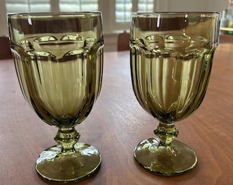 Libbey Avocado Green Gibraltar DuraTuff Iced Tea Glasses Goblets Set of 2