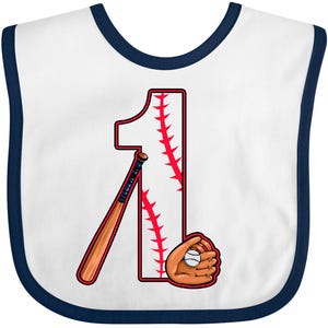 May include: White baby bib with a navy blue trim. The bib features a baseball-themed design with the number "1" in white with red stitching, a baseball bat, a baseball glove, and a baseball.