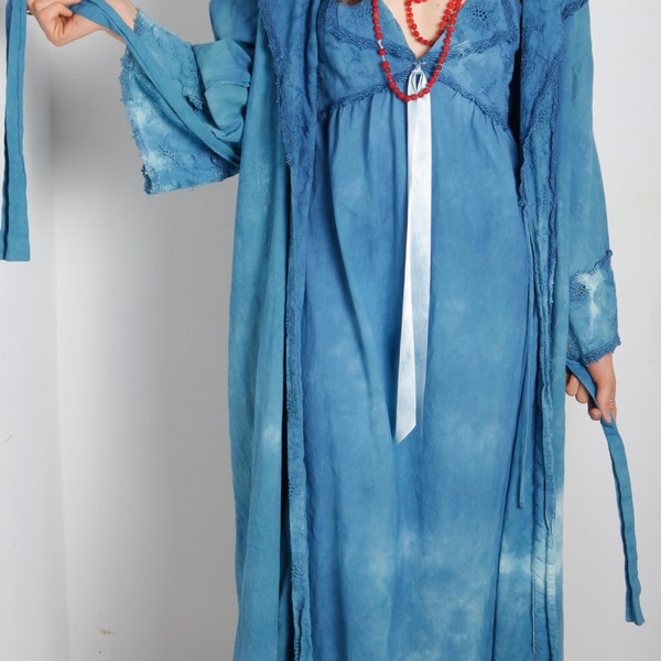 Indigo Dyed 2 Piece Set· Cotton Slip and Kimono · Lingerie Nightie Robe