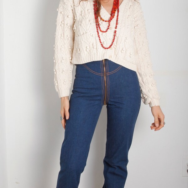 Cropped Cable Popcorn Hand Knit · Cardigan Sweater · Cream White Buttons