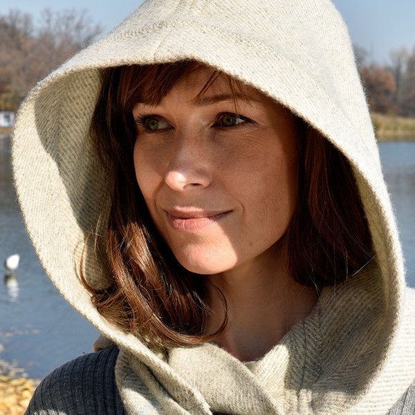 Ivory Wool Hood with fringed scarf, hooded scarf