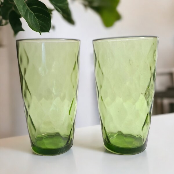 Lot of 2 MCM Avocado Green HAZEL ATLAS Harlequin Optic Diamond 24 Oz Coolers Tublers Drinking Glasses ca. 1960s