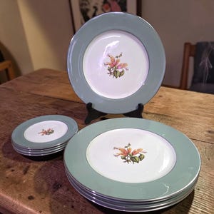 May include: A set of fine china plates and saucers. The plates have a light blue rim and a white center with a floral design. The saucers are stacked on the left. The plates are on a wooden table.