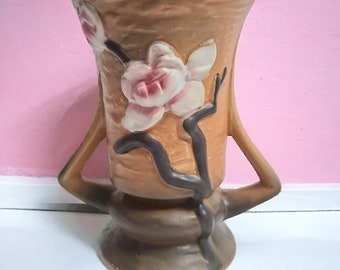 Vintage Roseville Pottery REPRODUCTION Brown Double Handled Magnolia Vase 88-6