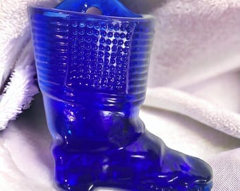 Chaussure pour botte vintage en verre bleu cobalt, porte-allumettes de 10 cm (4 po.)