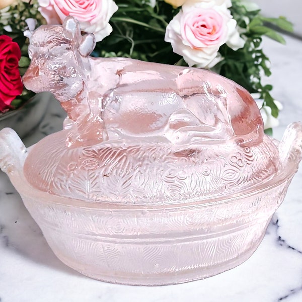Vintage Pink Glass 2 Piece Cow on Hay Basket Nest Lidded Candy Dish Vanity Box 4.25" H x 5.25" L x 4" W