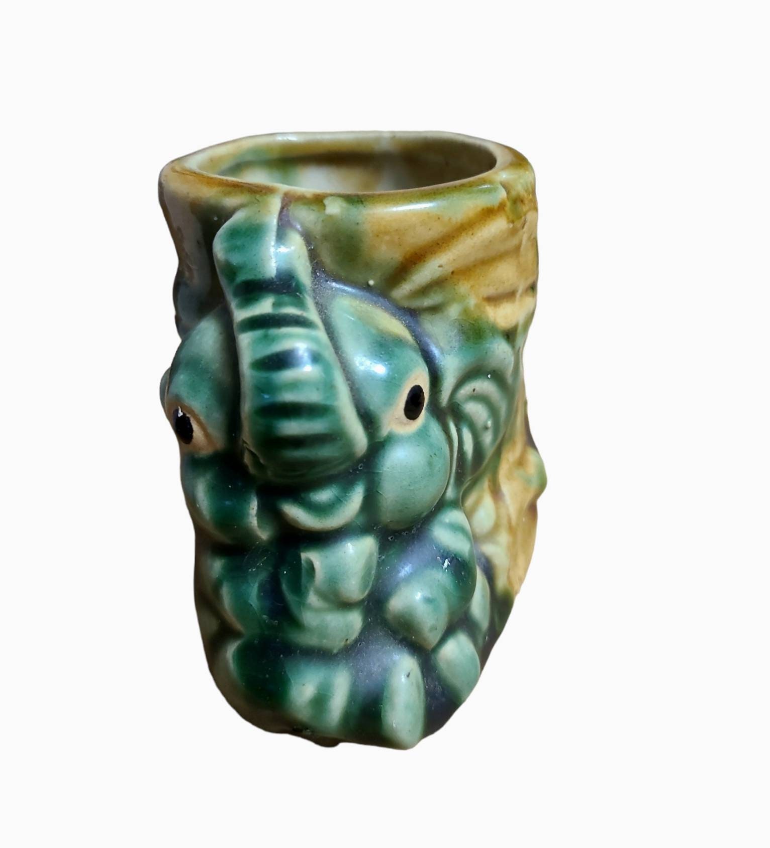 Vintage Majolica Pottery Green & Brown Small Elephant Planter Pot # ...